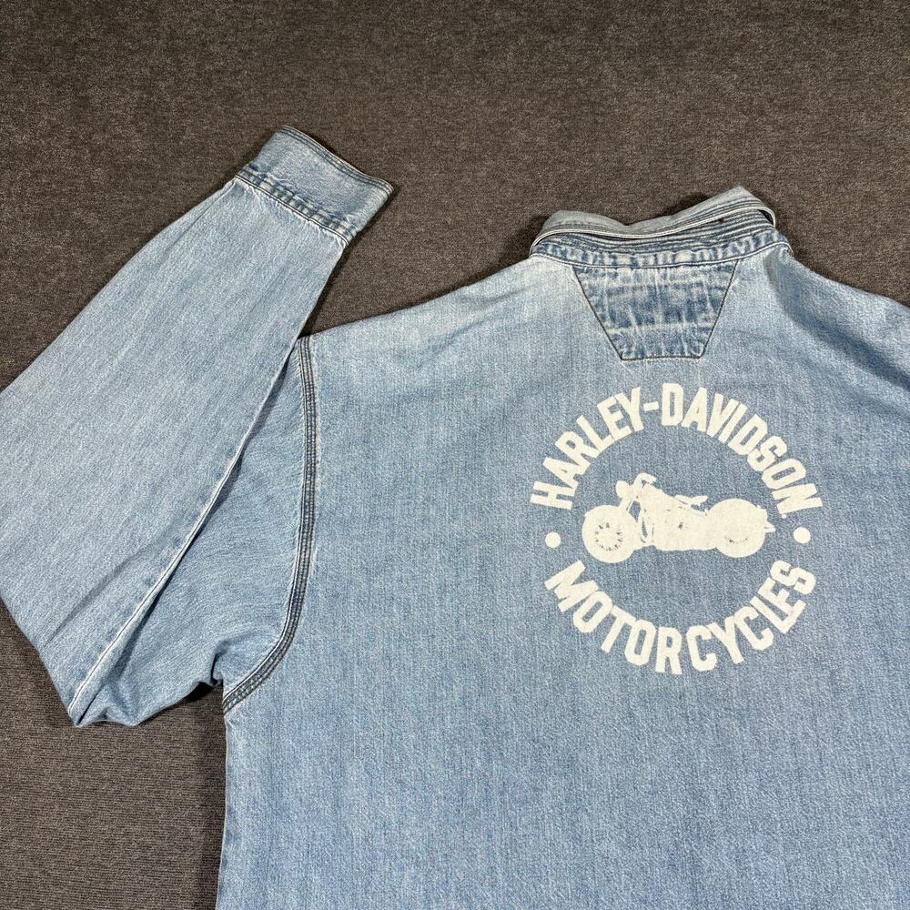 VTG Harley Davidson Denim Button Up Oversized Shirt with Bleach Design Size L